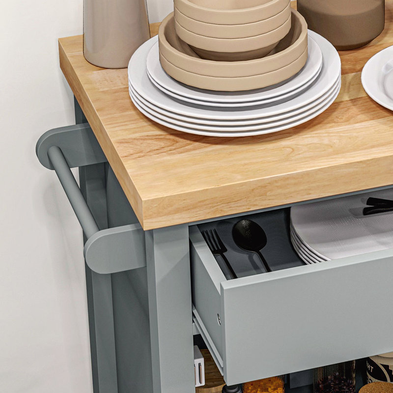 Narrow Rolling Kitchen Island with Rubberwood Top, Storage Drawer, and Cabinet for Space-Saving Convenience, Gray