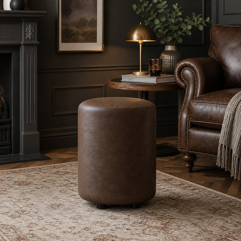 Manufactured Wood Accent Stool, Italian Leather, Dark Brown