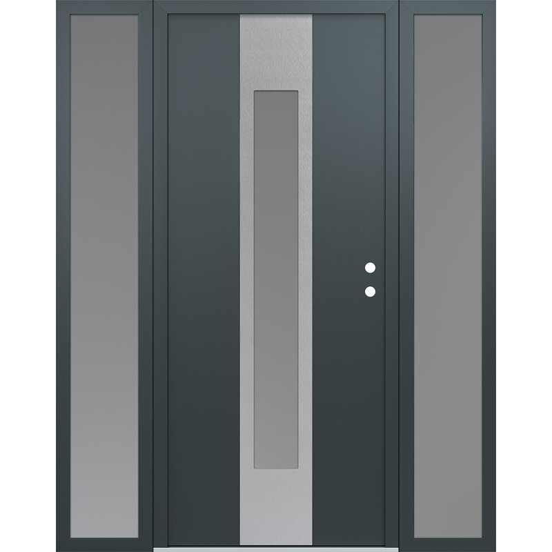 Porte d'entrée pré-suspendue en acier argenté à panneau droit Diamond One avec deux panneaux latéraux Diamond, Anthracite