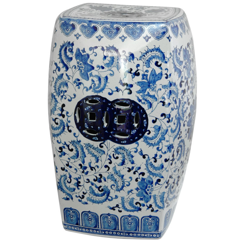 Blue and White Floral Porcelain Garden Stool