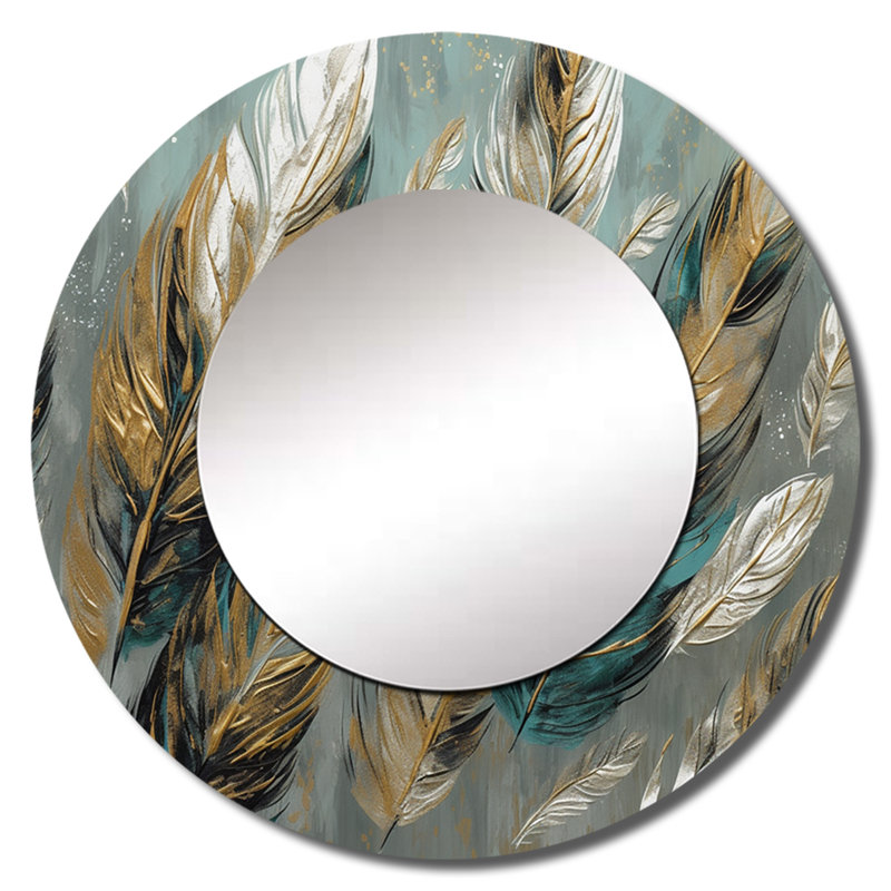 Parvashi plume dorée Extravaganza I - miroir mural plume Glam, miroir décoratif rond moderne, impression d'art en métal