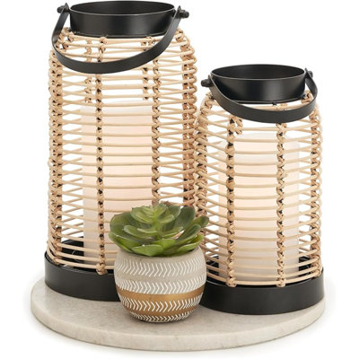 Lanternes Boho en rotin naturel - décor artisanal pour rehausser votre maison - beauté de campagne moderne parfaite pour tout salon, patio et porche, table basse intérieure ou extérieure ou table de salle à manger de cuisine