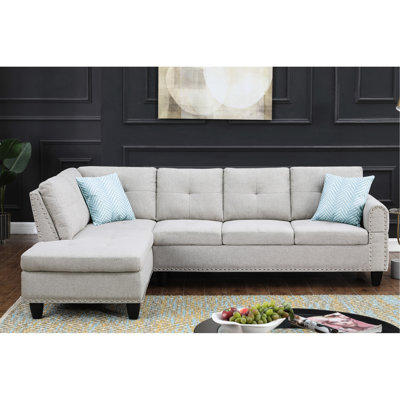 98" Wide Left Hand Facing And Chaise In Gray Linen Blend, Stylish L - Shaped Sectional With Cozy Backs, Round Arms, Nailhead Trim, Supportive Foam Cushions, Removable Seats Five, Ideal For Family