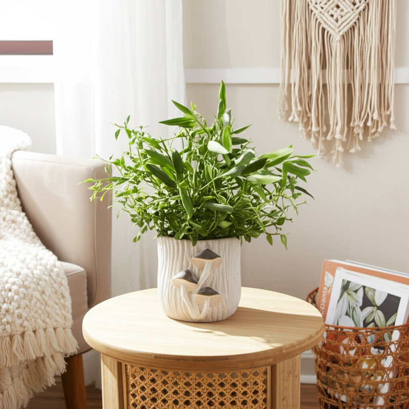Handcrafted Cement Planter with Textured Tree Trunk Design and Mushroom Accents - Decorative Pot for Indoor and Outdoor Spaces.