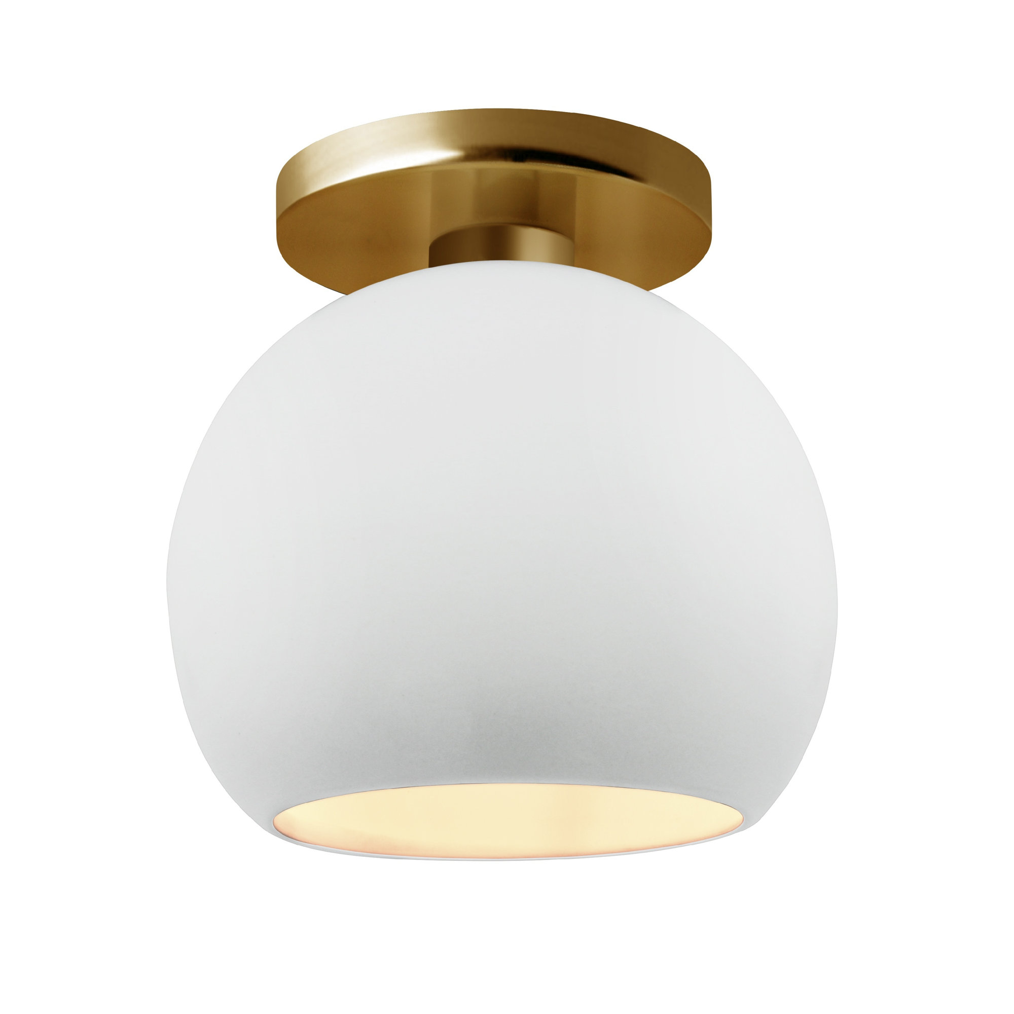Single Light Ceramic LED Semi Flush Mount, Gloss White, Brushed Brass, 9" H x 10" W x 10" D