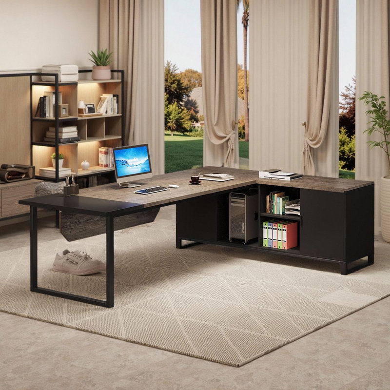70.8" L-Shaped Executive Desk Computer Desk Writing Desk - Industrial Style, Gray