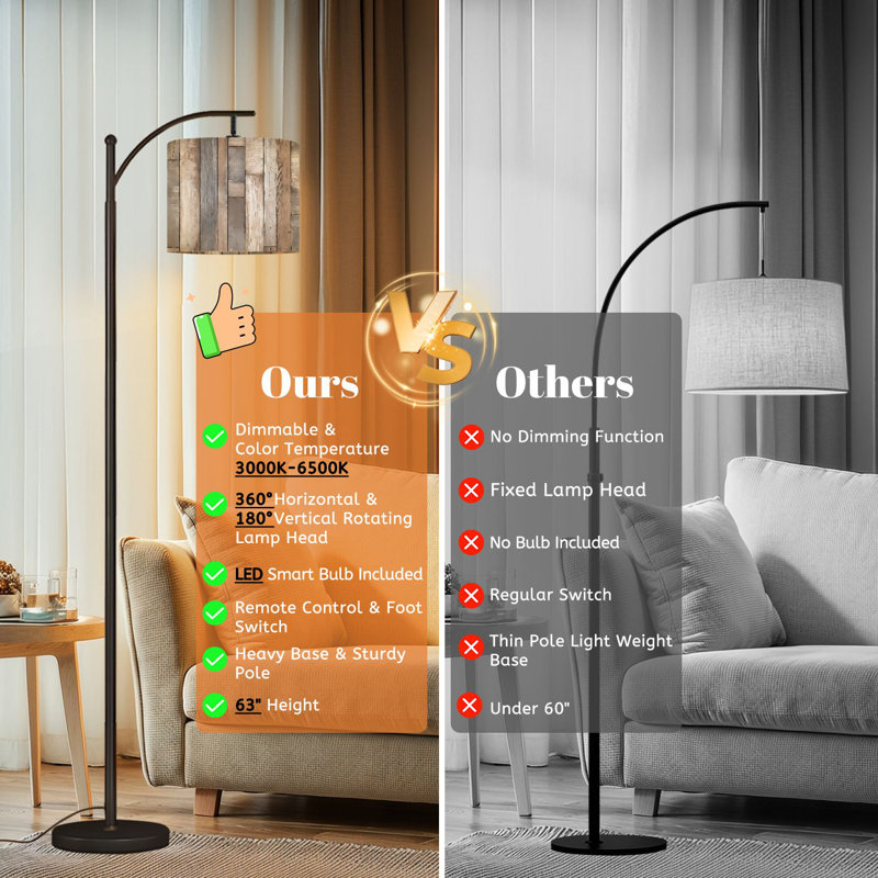 Lampe sur pied à arc avec abat-jour ajustable Planche de bois rustique vieilli brun gris blanc Lampe sur pied 3 températures de couleur à intensité variable Grand mât avec interrupteur au pied pour la chambre à coucher