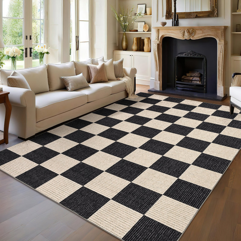 Checkered Area Rug Large Washable Rugs for Living Room Bedroom Soft Dining Table Carpet Neutral Non Shedding Foldable Indoor Carpet for Office Nursery Home Decor