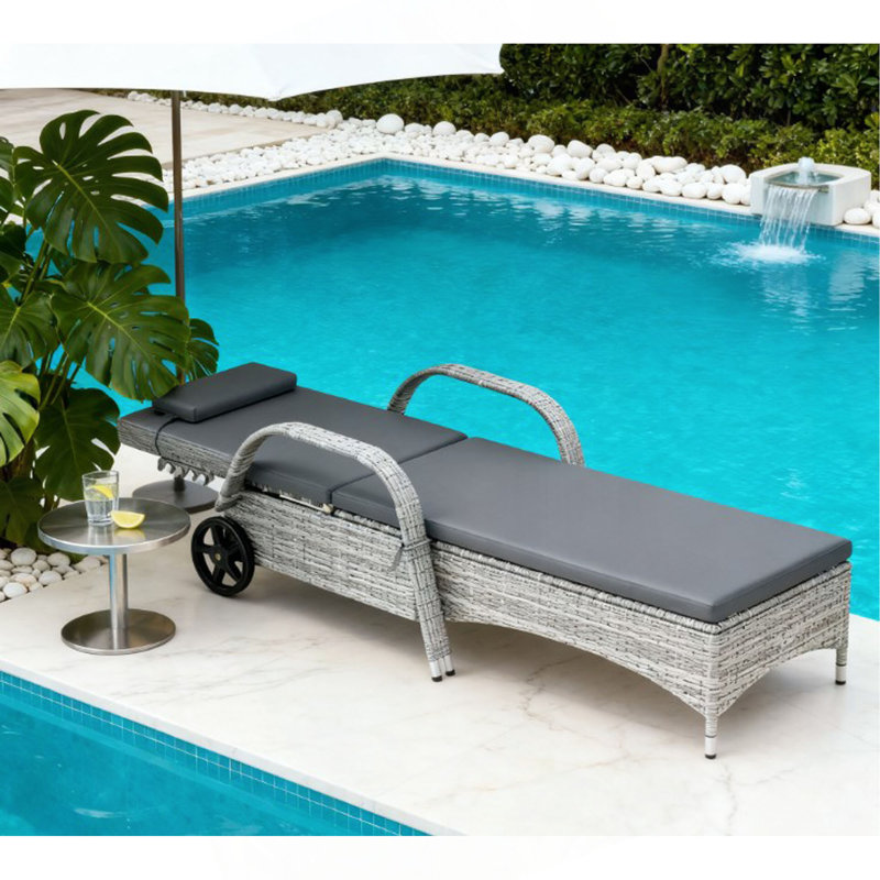 Adjustable Backrest Rattan Pool Lounge Chair,Outdoor Chaise Lounge With Wheels, Cushion & Headrest