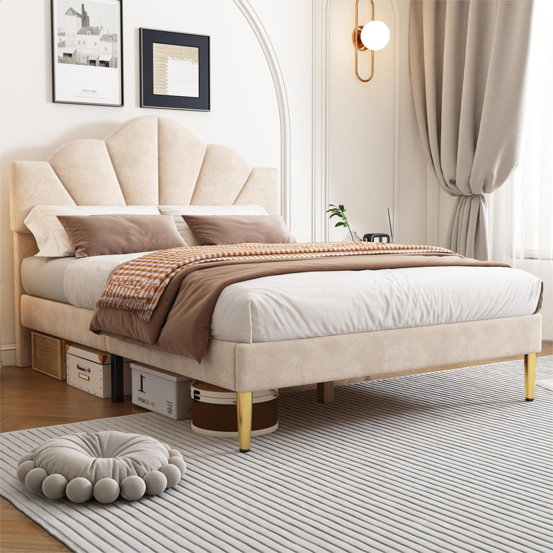 Akershus Upholstered Bed, Beige, UK Double - DE 135 x 190 cm