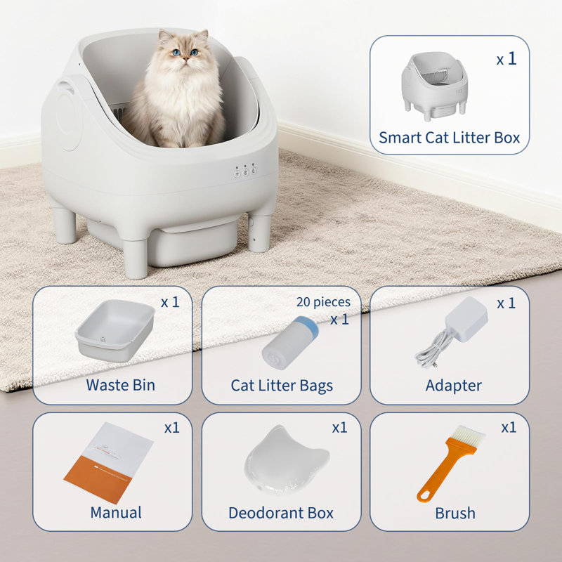 Automatic Self-Cleaning Cat Litter Box with APP & WiFi, Open-Top, 10.5L Sealed Waste Bin, Ultra-Quiet, 7-Layer Safety Sensors, Odor Control, Easy Clean, No Installation, for Multiple Large Cats, Grey