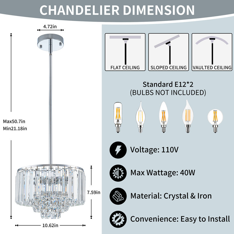 Lustre moderne en cristal à 4 niveaux, Deux lumières, Chrome chrome