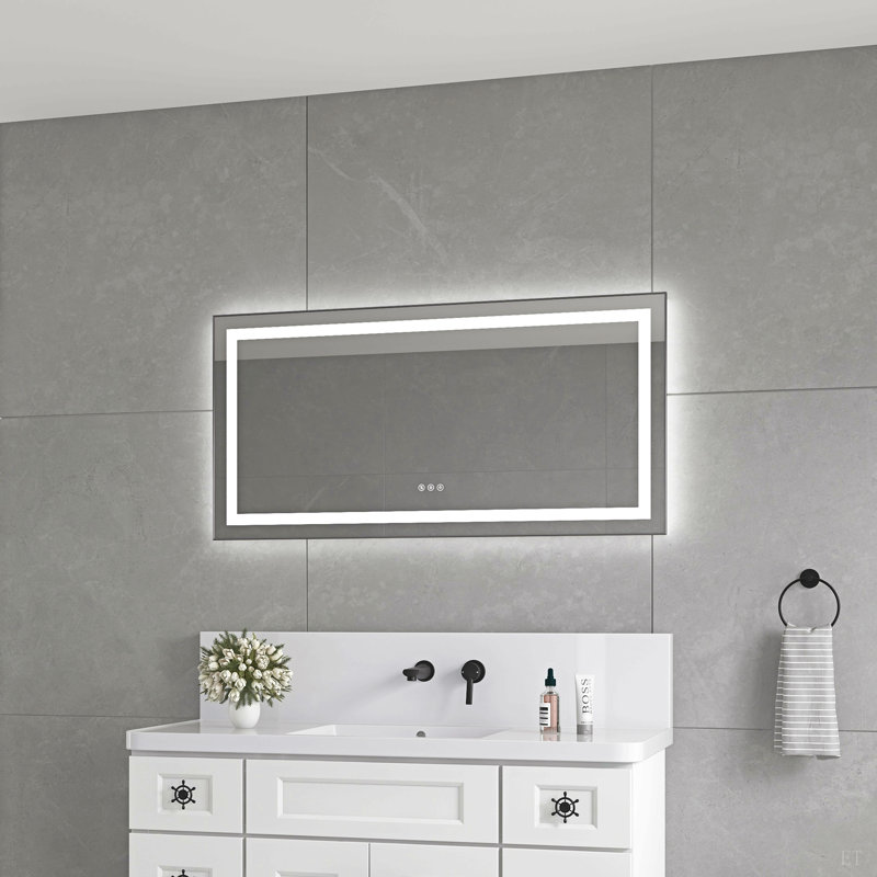 Miroir de salle de bain 48 "x 24" à DEL avec façade et rétroéclairage, miroir de meuble-lavabo mural avec cadre en aluminium, anti-buée, mémoire, 3 couleurs, réglable en continu