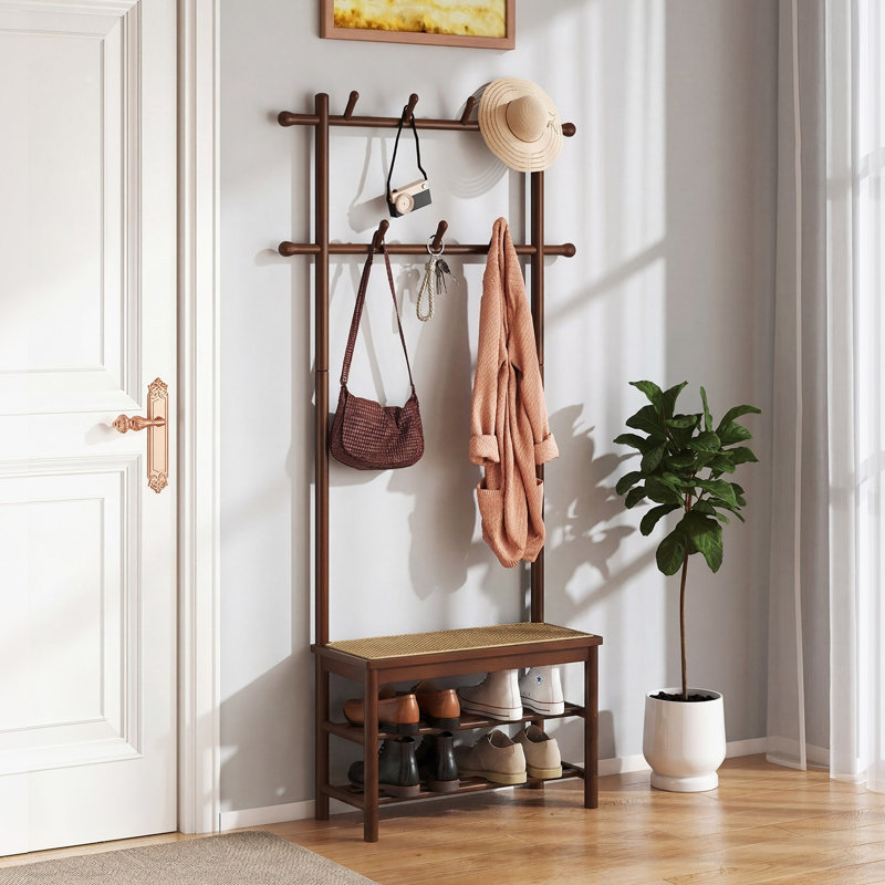 Bamboo Coat Rack with Bench Shoe Storage 2 Hanging Rods 11 Hanging Hooks Shelves Brown, Brown