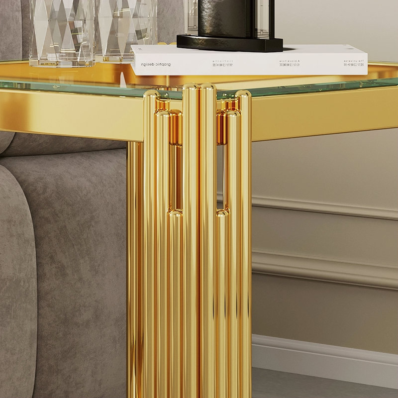 Table de bout en verre trempé à double couche supérieure et inférieure avec cadre en acier inoxydable à finition miroir