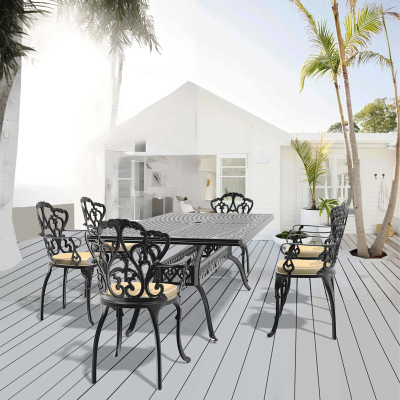 7-Piece Cast Aluminum Patio Furniture Set With Black Frame And Off-White Seat Cushions, 6