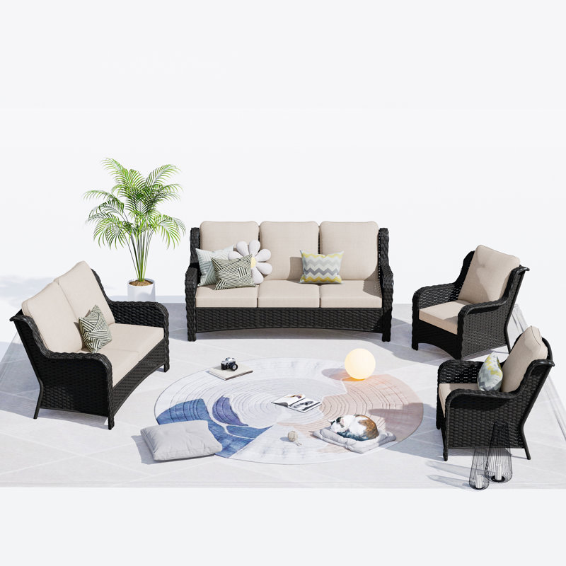 5 - Person Patio Conversation Set with Cushions, Beige, No