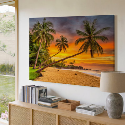 Reproduction d'art sur toile Tropical Beach Sunset Palm Trees Ocean Coastal Decor pour le salon, la chambre à coucher, le bureau, le couloir, le vestibule, le mur de la galerie et la décoration moderne