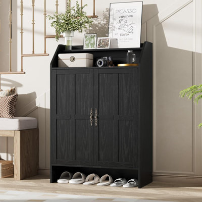 Shoe Cabinet with 2 Doors, 45" Tall Farmhouse Shoe Storage Cabinet with Adjustable Shelves & 2 Layer Open Storage Rack, 5-Tier Shoes Rack Organizer for Entryway, Living Room