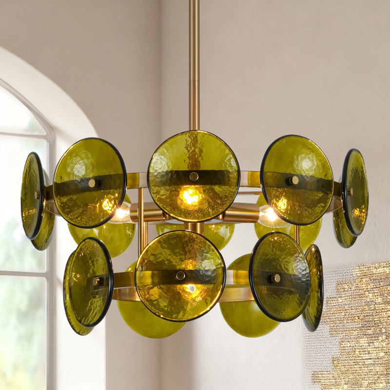 Lustre 4 lumières 18 po avec abat-jour en verre martelé vert olive Aaron, finition laiton antique Aaron, Vert antique