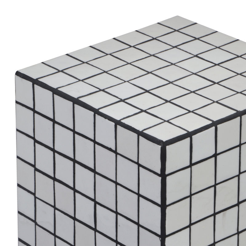 Callista Modern 18" White/Black Ceramic Tiled Cube Side Table, Glossy Square Mosaic Pedestal Accent End Table for Living Room & Bedroom
