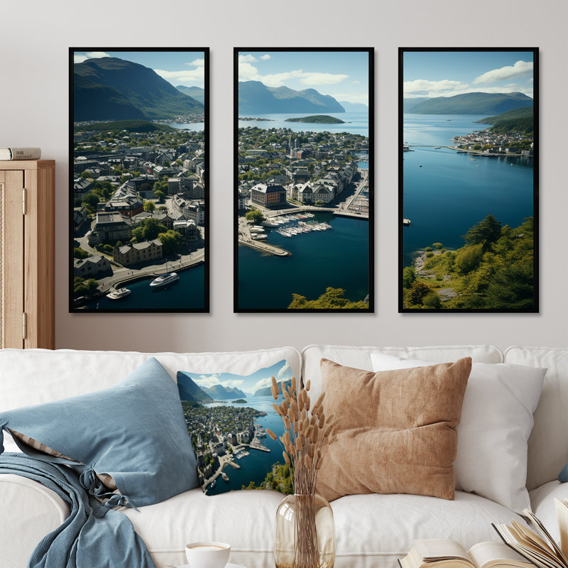 Allemagne, Aalesund Essence, ville portuaire - Allemagne, art mural, Cadre flottant noir, H 32 po x l 48 po x P 1 po