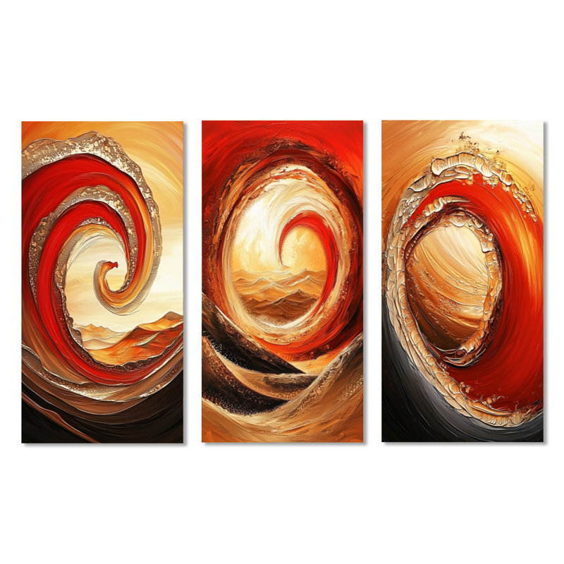 Abstrait paysage désertique en vague dorée - ensemble de 3 décorations murales modernes en métal rouge, H 40 po x l 60 po