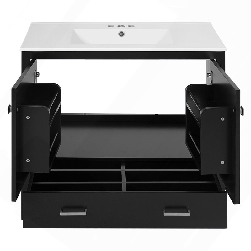 Meuble-lavabo moderne 36 po avec lavabo en céramique, portes à fermeture en douceur, tablettes doubles et tiroir divisé - Armoire de salle de bain moderne avec rangement