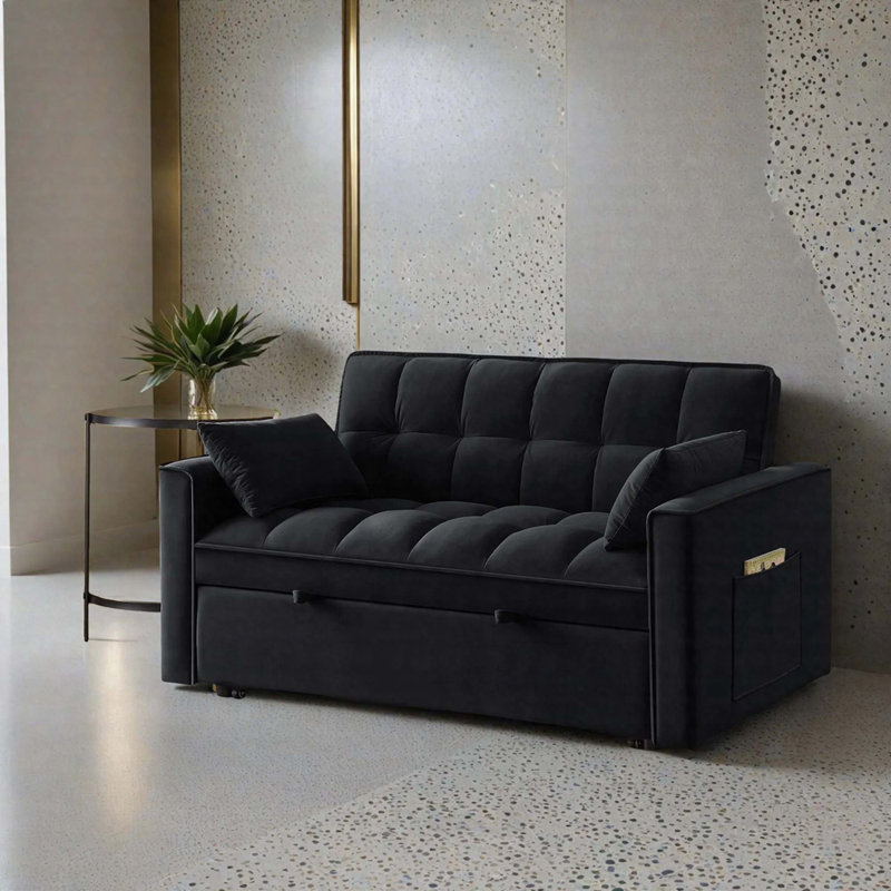 4 In1 Loveseat Sofa Bed With Armrests & Storage Pockets, Multi-Function Tufted Pull-Out Sofa Bed With Adjustable Backrest And Pillows, Convertible Loveseat Sofa Couch
