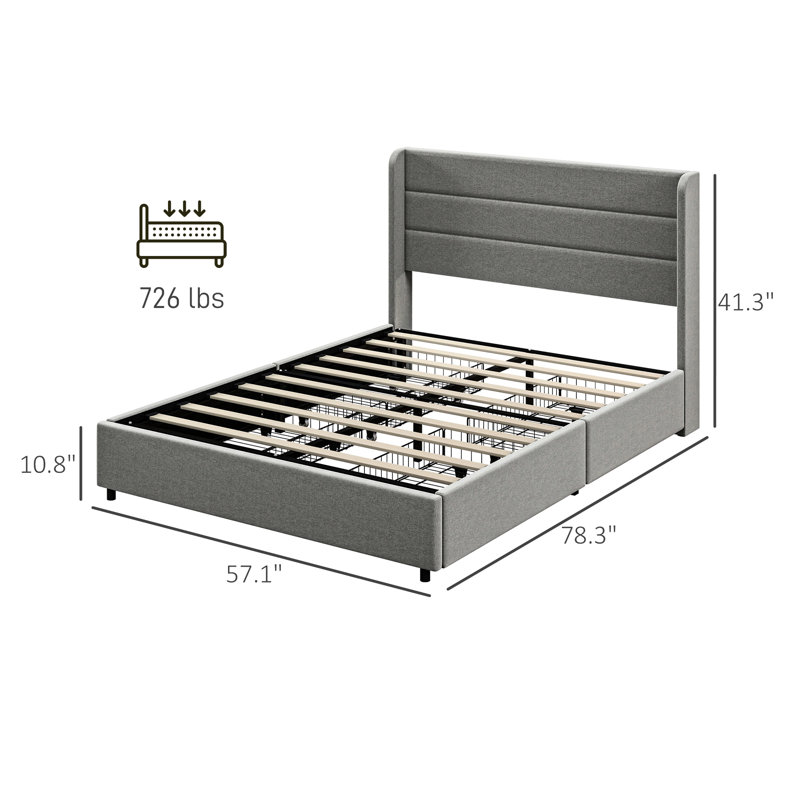 Lit plateforme double avec tête de lit et espace de rangement abondant - rembourré, sans bruit, facile à assembler, sommier tapissier, compartiments rembourrés gris, silencieux, à assembler,