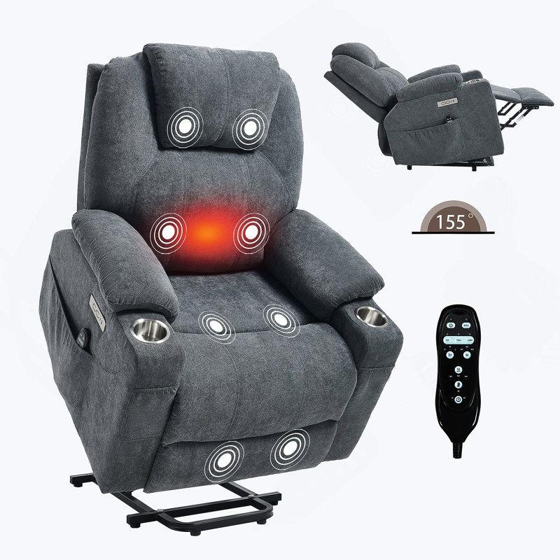 Up to 350 LBS polyester Power Lift Recliner Chair, Heavy Duty Motion Mechanism with 8-Point Vibration Massage and Lumbar Heating, USB and Type-C Ports, Stainless Steel Cup Holders, Grey