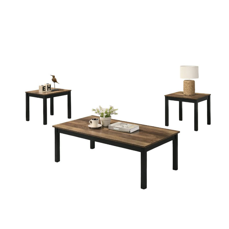 Ensemble de table 3 pièces de style contemporain 1 table basse 1 table de bout 2 x plateau en faux marbre avec pieds en bois au fini brun salon principal
