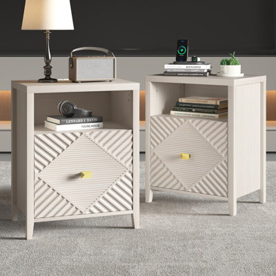 Nightstand with Charger Station and USB Port,19 Inch Modern Night Stand with Storage Shelf, Bedside Tables for Bedroom, Home, Living Room,Beige(Set of