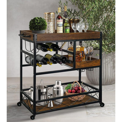 Bar Cart Industrial Kitchen Serving Carts For Home 3 Tier Storage Trolley With Wine Rack Glasses Holder Two Portable Trays Universal Casters With Brakes Rustic Rolling Cart Alcoholic Beverage