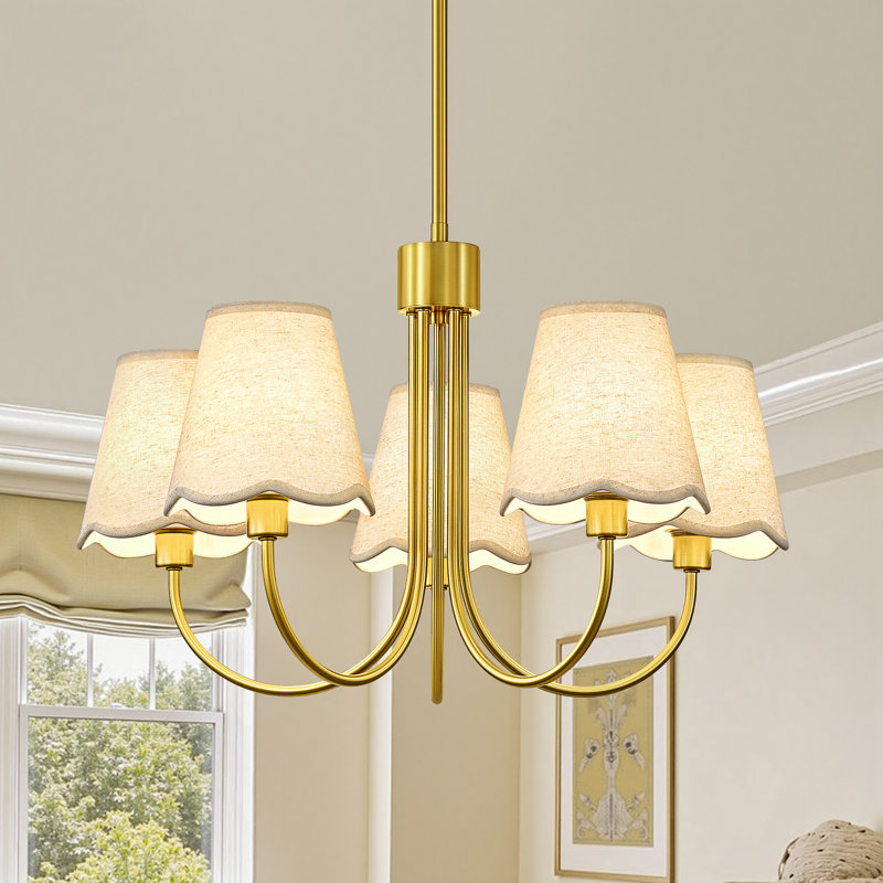 Lustre 5 lumières à intensité variable moderne avec abat-jour en tissu, Or brossé