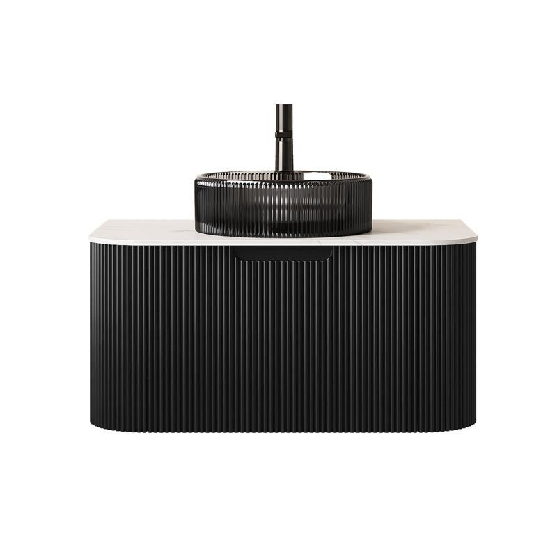 Meuble-lavabo mural flottant 30 po avec lavabo rond en verre noir transparent et tiroir, 30"