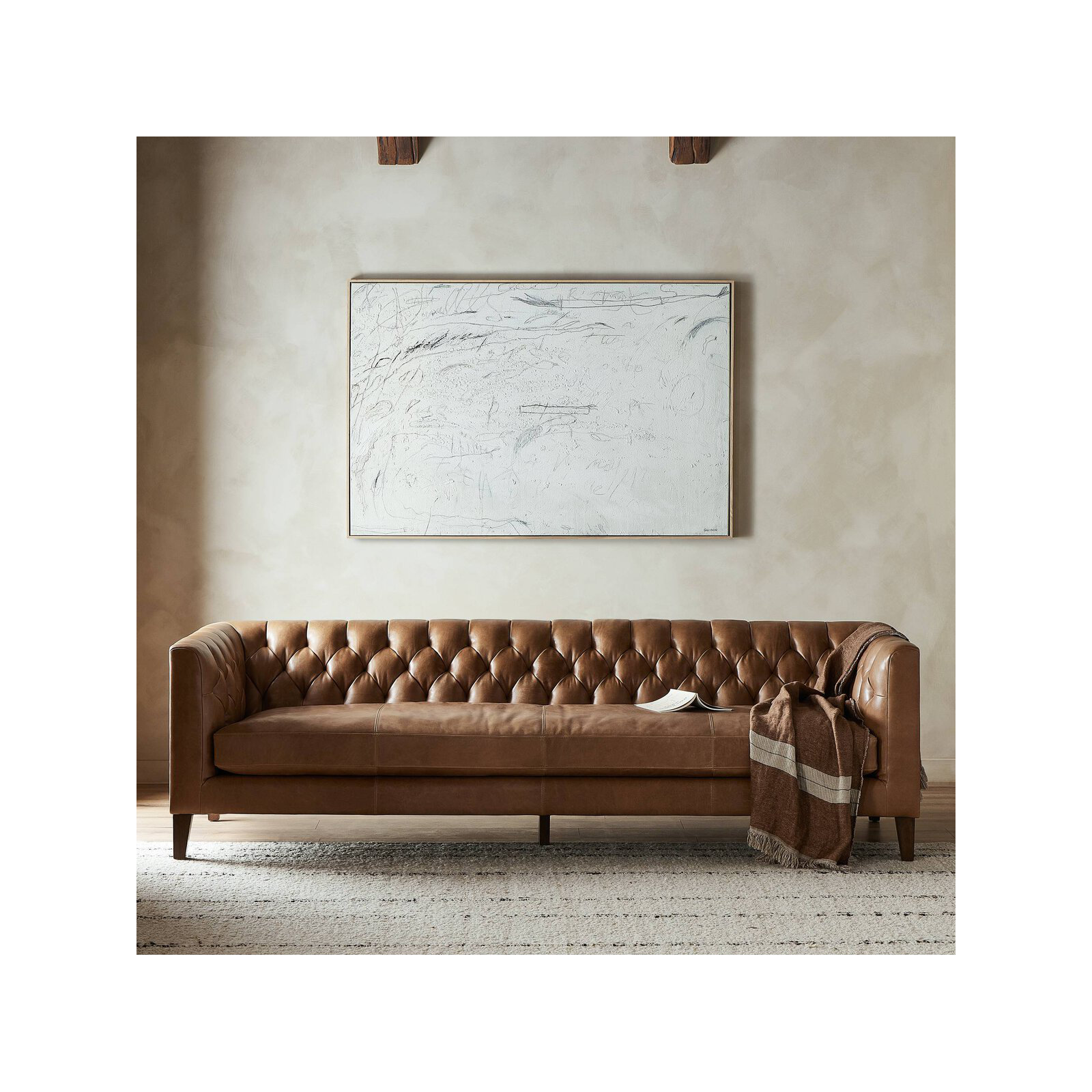 Beola 96" Tufted Chesterfield Sofa, Dakota Warm Taupe Top Grain Leather