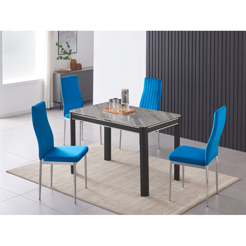 Hannahs Grey Marble Effect Dining Table With 4 Monza Velvet Chairs, Blue