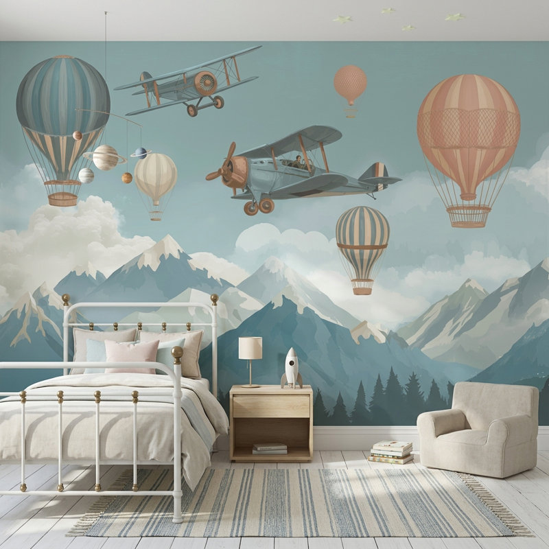 Papier peint rétro, décoration murale amovible, montgolfières, Texturé non collé, 120 po x 96 po