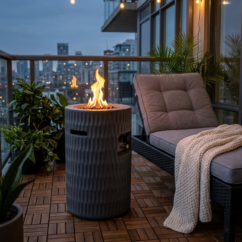 Colonne de foyer au propane cylindrique 26 po avec réservoir de rangement dissimulé, foyer au gaz en béton léger de 40 000 BTU pour petit patio et balcon, gris foncé