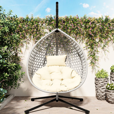 Siège suspendu d'intérieur et d'extérieur - Structure en fer, PE, appui-tête réglable confortable pour n'importe où et n'importe quelle base, tissage, oreiller relaxant