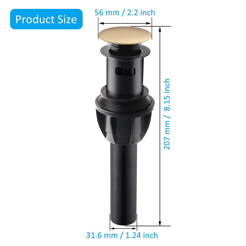 Drain Stopper Bathroom Sink Drain with Overflow, Brushed Gold