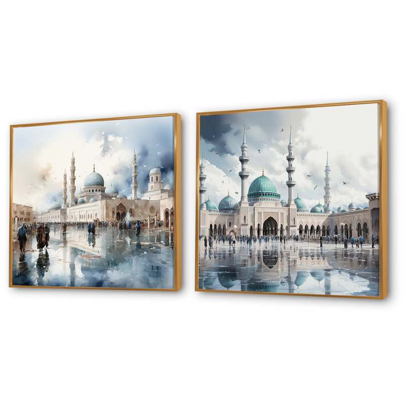 «Mosquée blanche et bleue», ensemble de 2 «Mystets», Encadrement doré, H 16 po x l 33 po x P 1 po