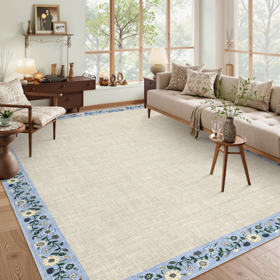 Tapis lavable 9 po x 12 pi - Tapis à bordure florale mince et antidérapant doux et léger, tapis d'intérieur moderne et léger pour salon, chambre à coucher, salle à manger, bureau, beige, États-Unis