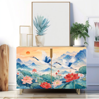 Narrow 35.4'' Wide Sideboard Buffet Cabinet - 2-Door Accent Storage Cabinet With Elegant Cranes Lotus Flowers Serene Mountain Landscape Sunset Print And Metal Legs
