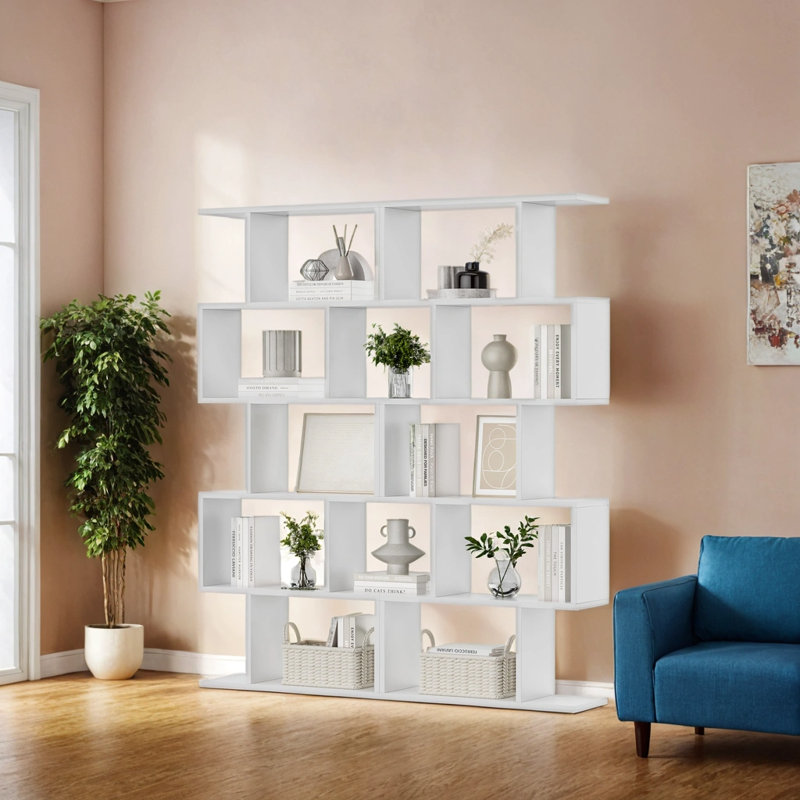 White 5-Tier S-Shaped Geometric Bookcase with Manufactured Wood