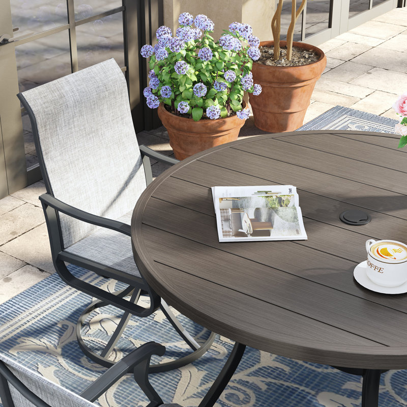 4-Person Round Patio Dining Set With Swivel Textilene Chairs, Brush Wood Gray/Black/Gray