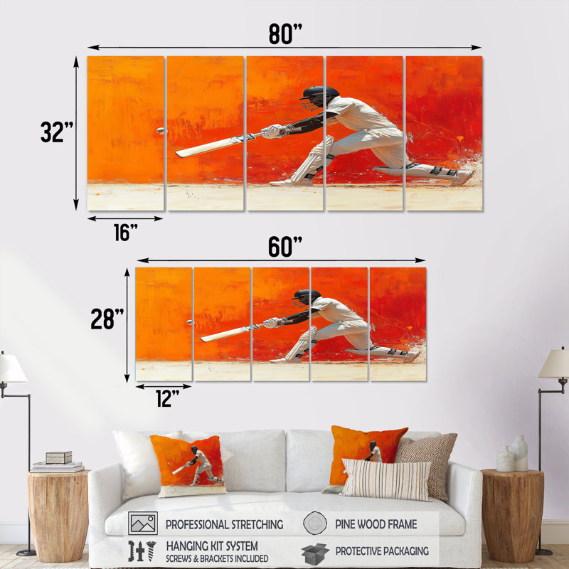 Orange et blanc Sport Cricket Cover Drive - ensemble d'impression d'art mural Cricket Sport, H 28 po x l 60 po