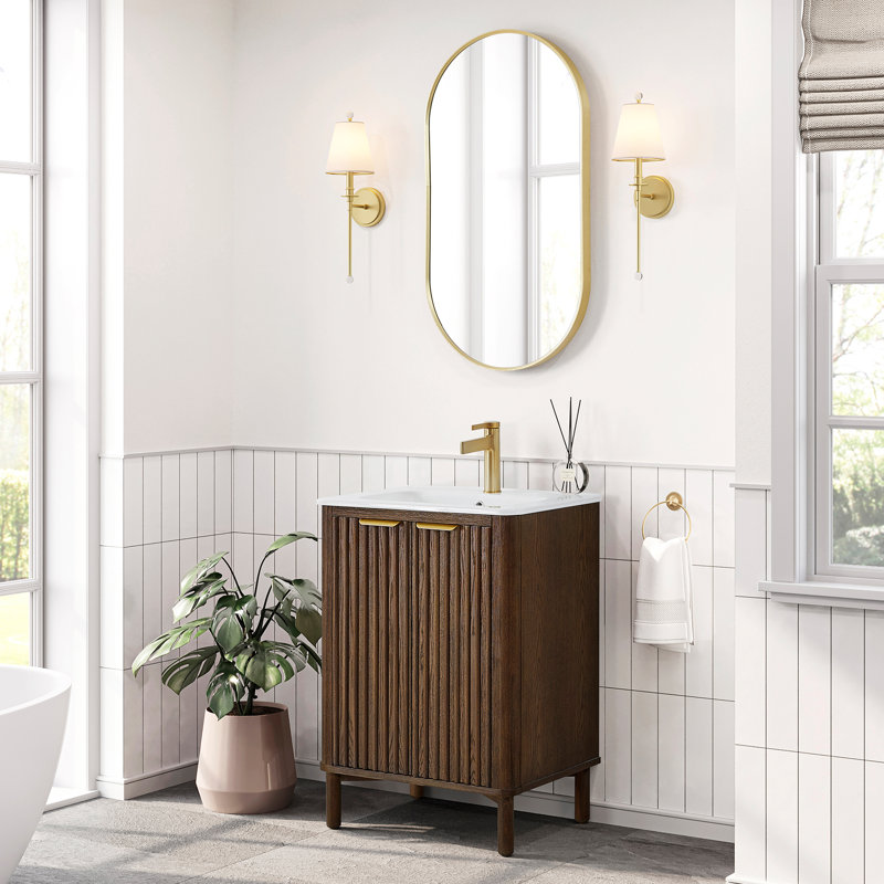 Mumbai 24" Single Bath Vanity in with Drop-In White Ceramic Basin Top, Brushed Gold, Aged Dark Brown Oak