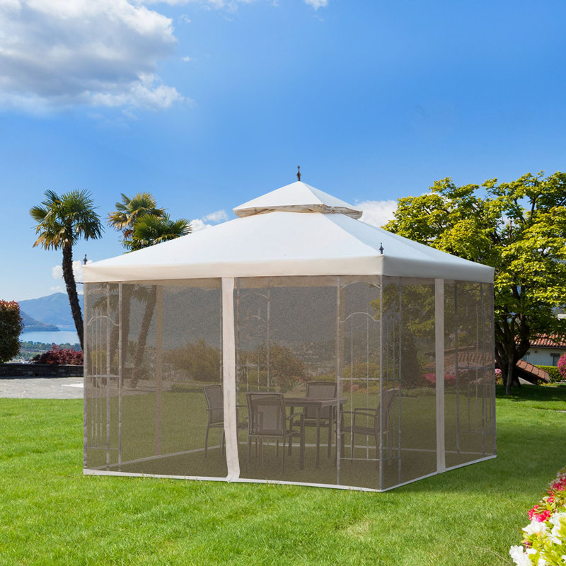 Abri de jardin 1 pièce en polyester 10 pi x 10 pi blanc crème avec rideaux et filet, Blanc